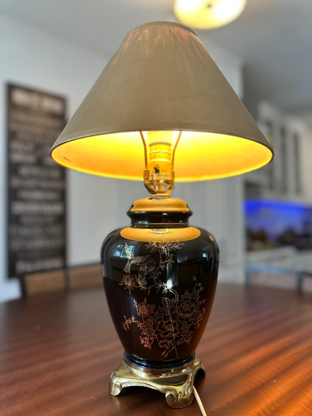 Vintage Black Ceramic Lamp with Gold Floral Design - photo 3