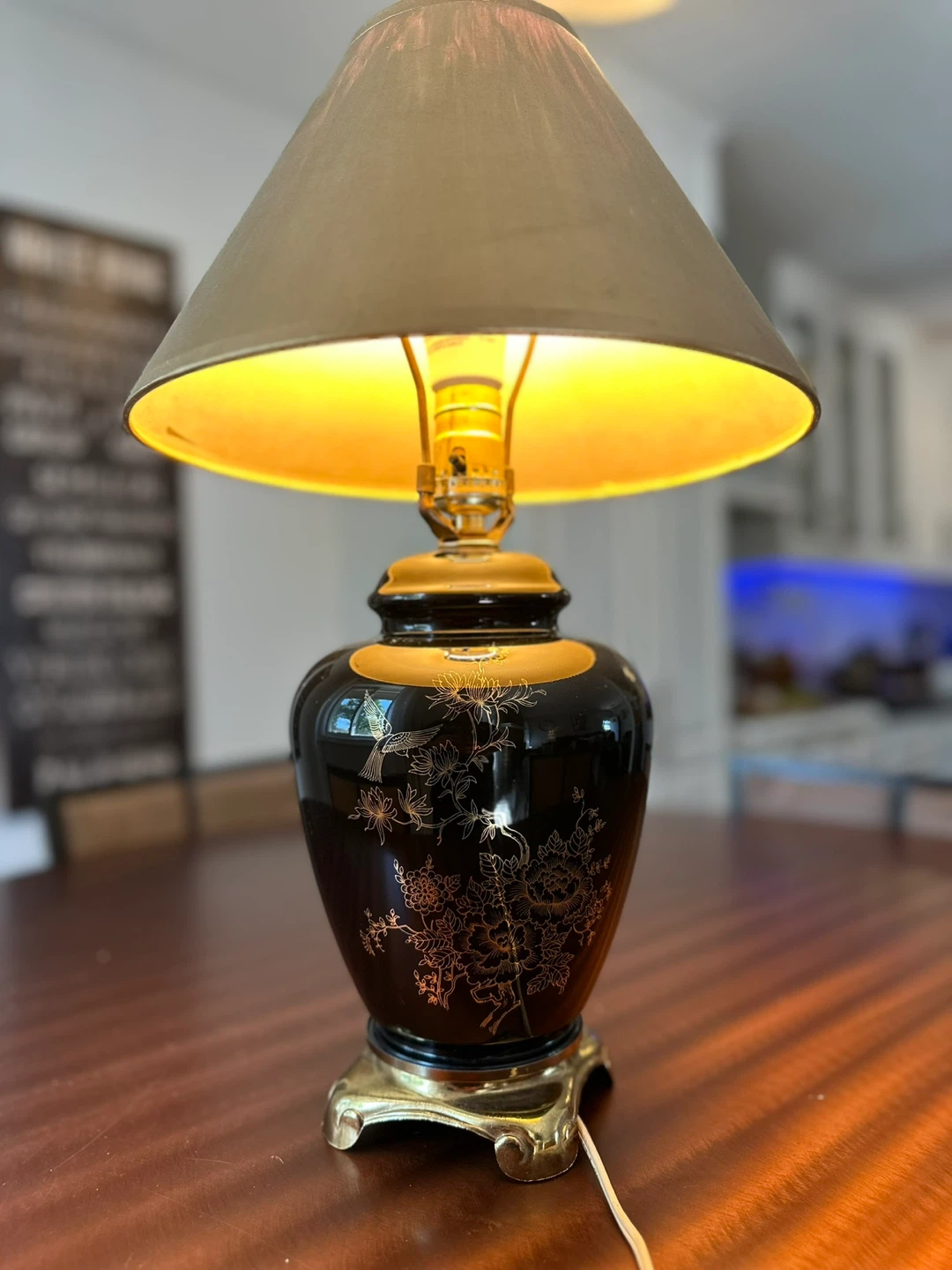 Vintage Black Ceramic Lamp with Gold Floral Design - photo 2