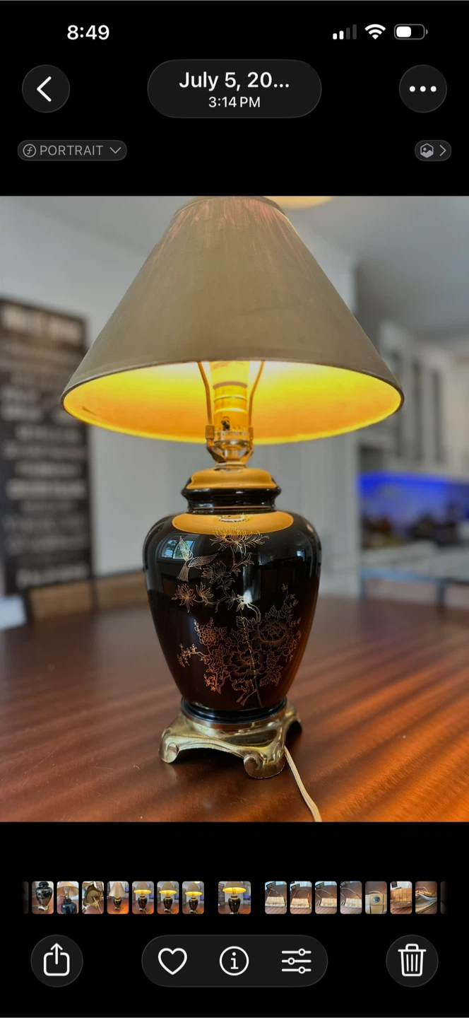 Vintage Black Ceramic Lamp with Gold Floral Design
