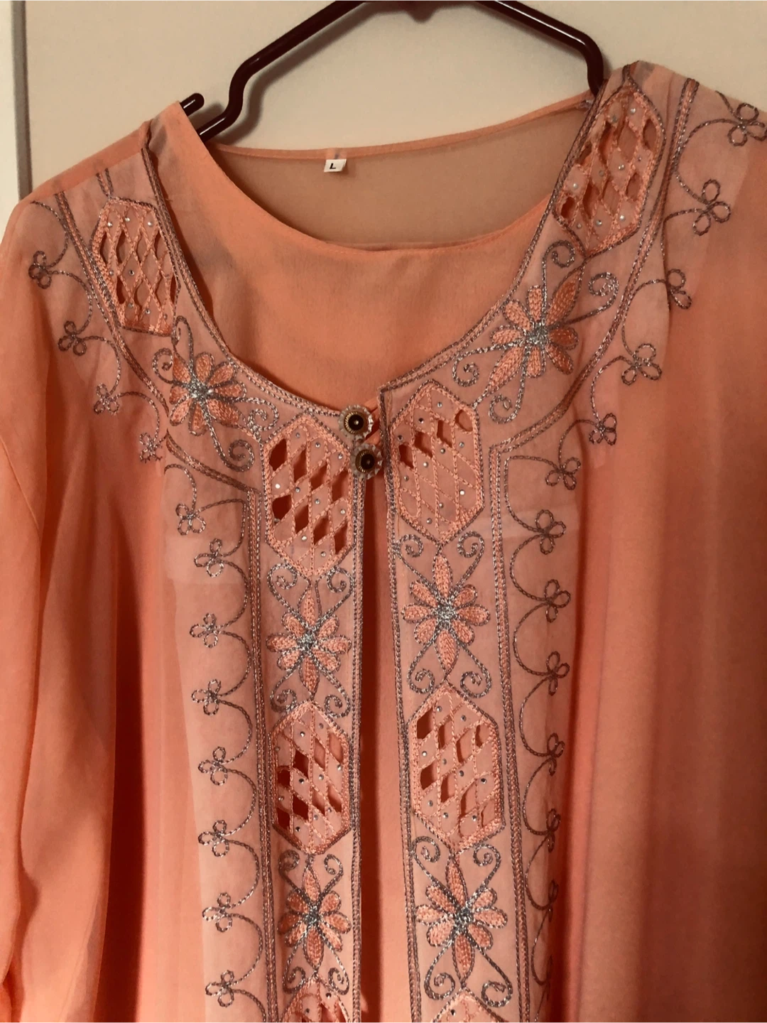 🏆 Women's Peach Embroidered Kaftan Dress Size L - photo 2
