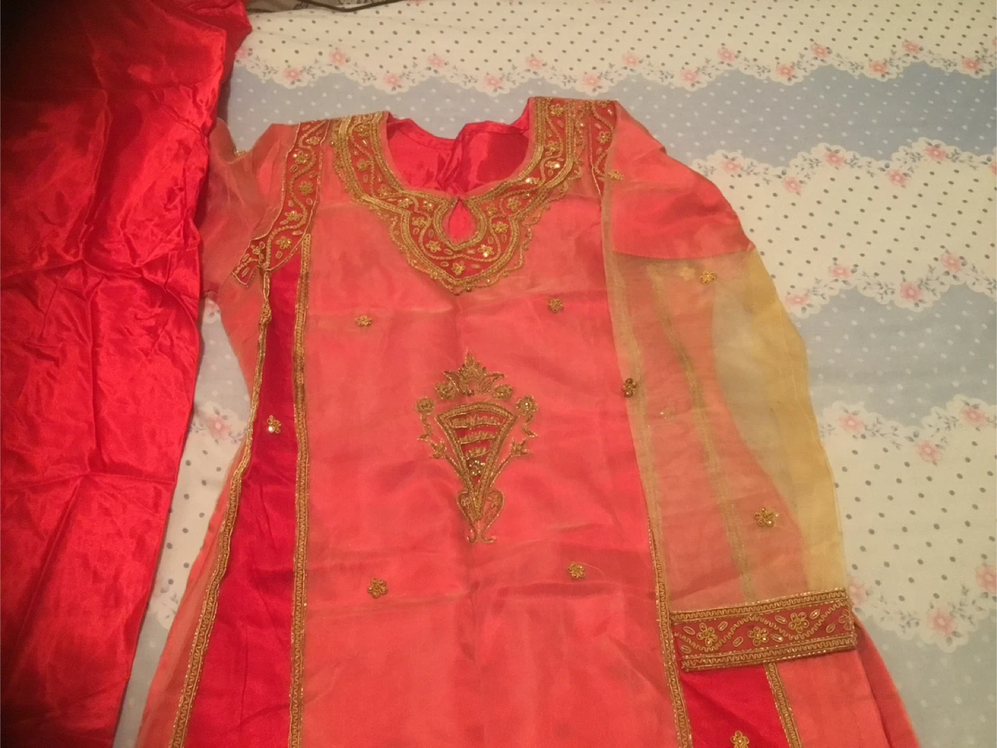 🏆 Embroidered Orange and Red Kameez Shalwar Set - photo 2