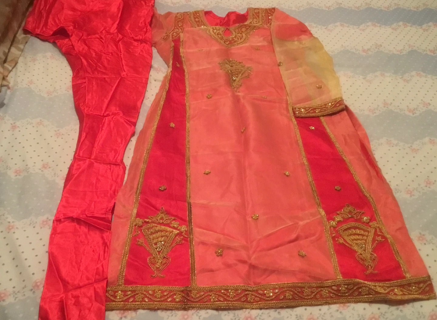 🏆 Embroidered Orange and Red Kameez Shalwar Set