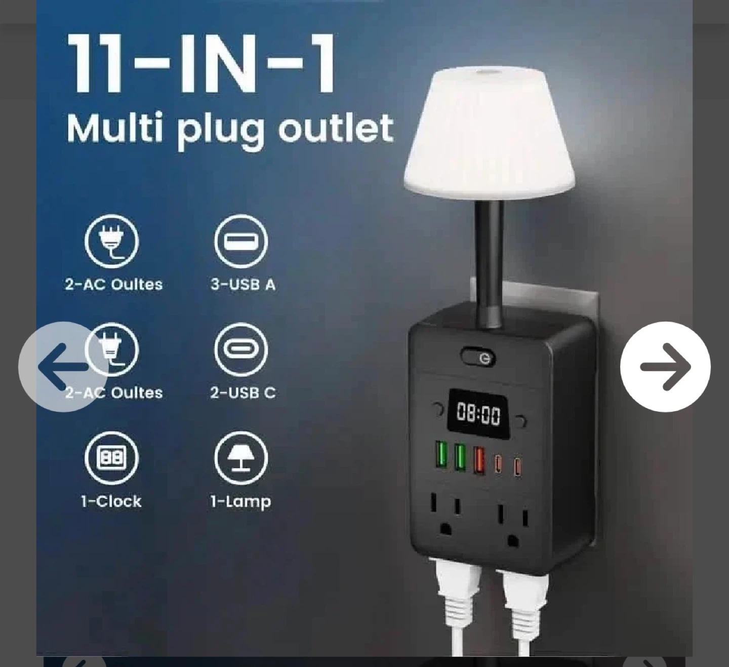 11-in-1 Multi-Plug Outlet with Lamp & Clock