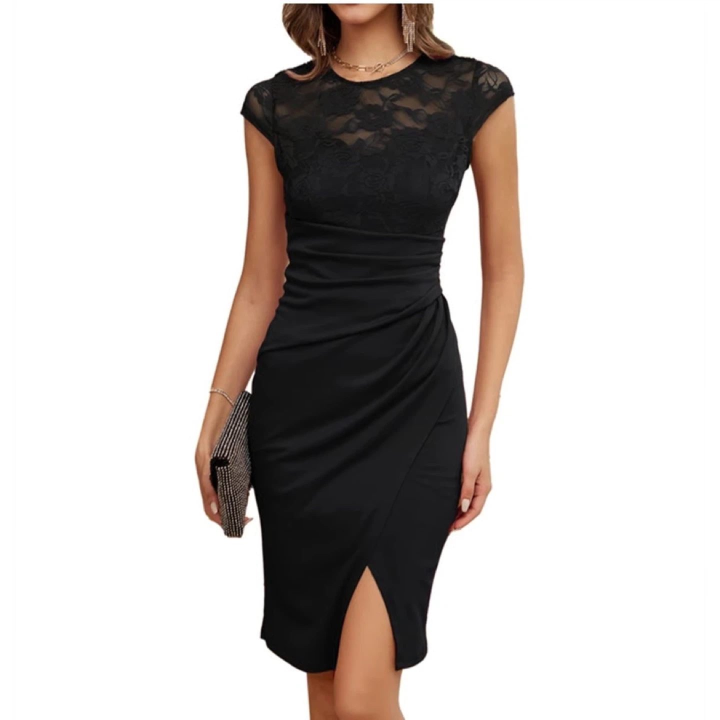 NEW! Grace Karin Retro Black Lace Cap Sleeve Ruched Dress