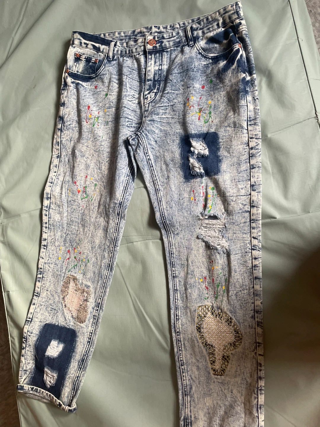 Men's Distressed Acid Wash Jeans with Paint Splatter - Size 34