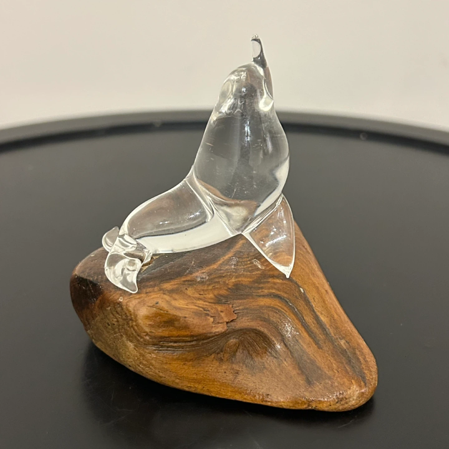 Vintage Hand-Blown Art Glass Seal on Natural Wood Base 🏆