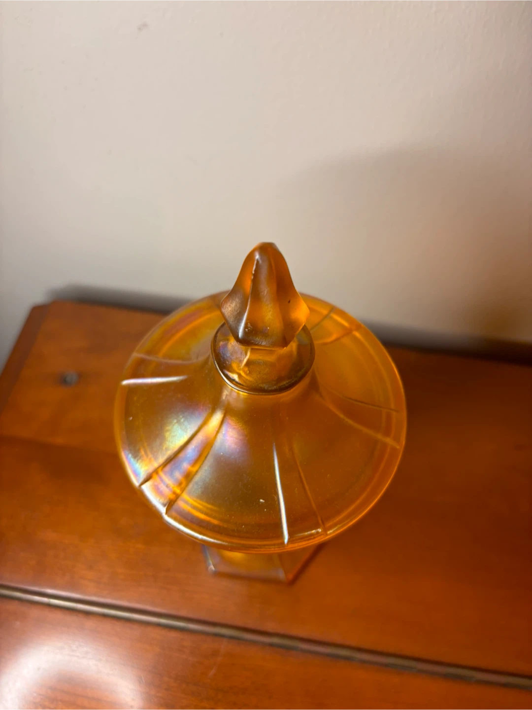 Vintage Iridescent Amber Carnival Glass Lidded Jar - photo 3