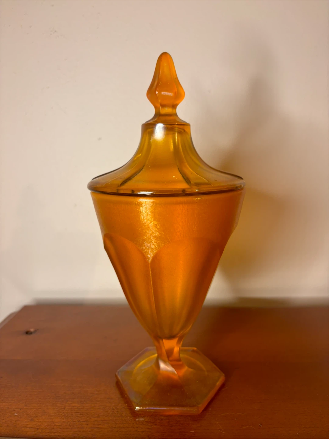 Vintage Iridescent Amber Carnival Glass Lidded Jar