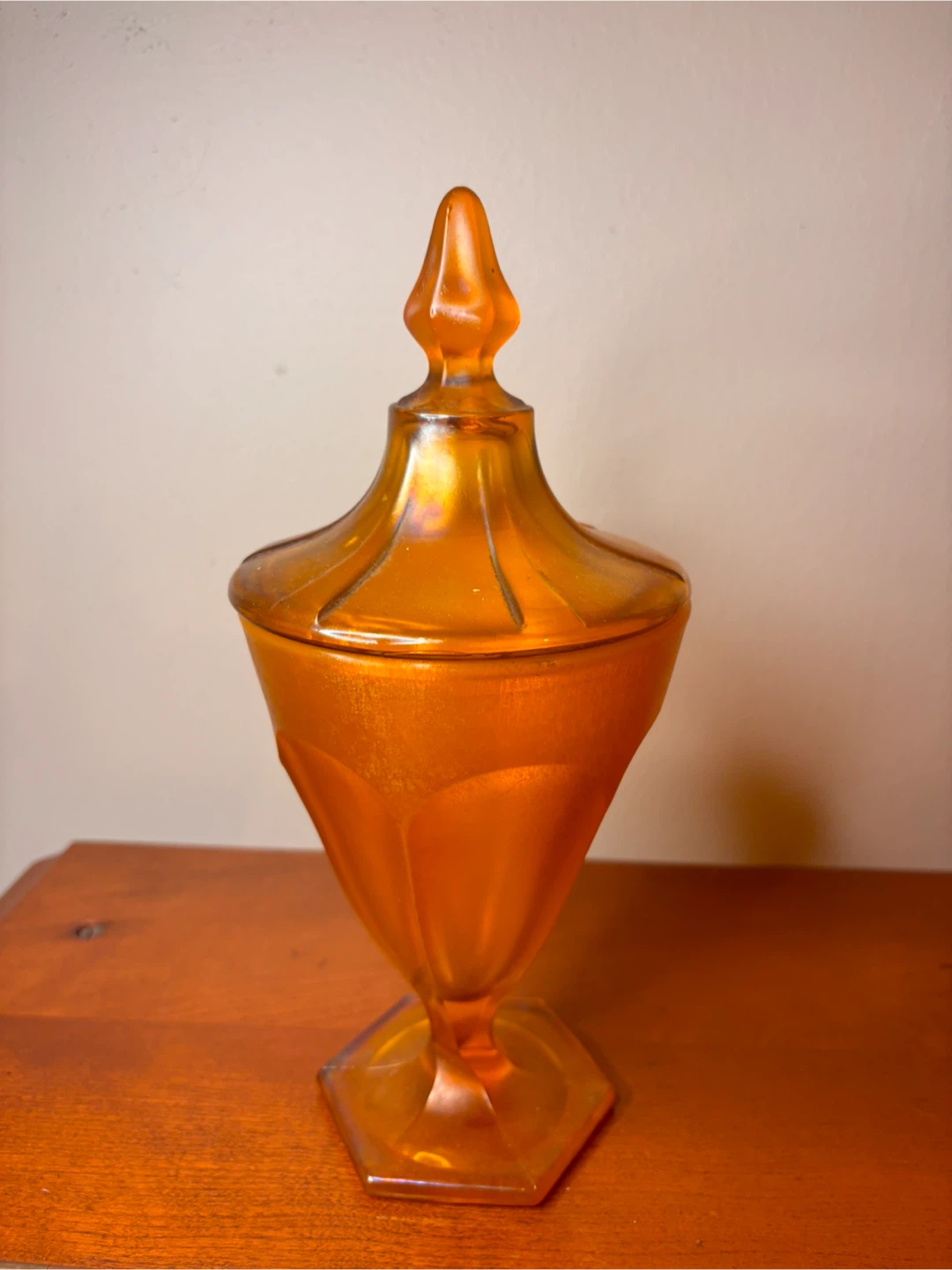Vintage Iridescent Amber Carnival Glass Lidded Jar - photo 2