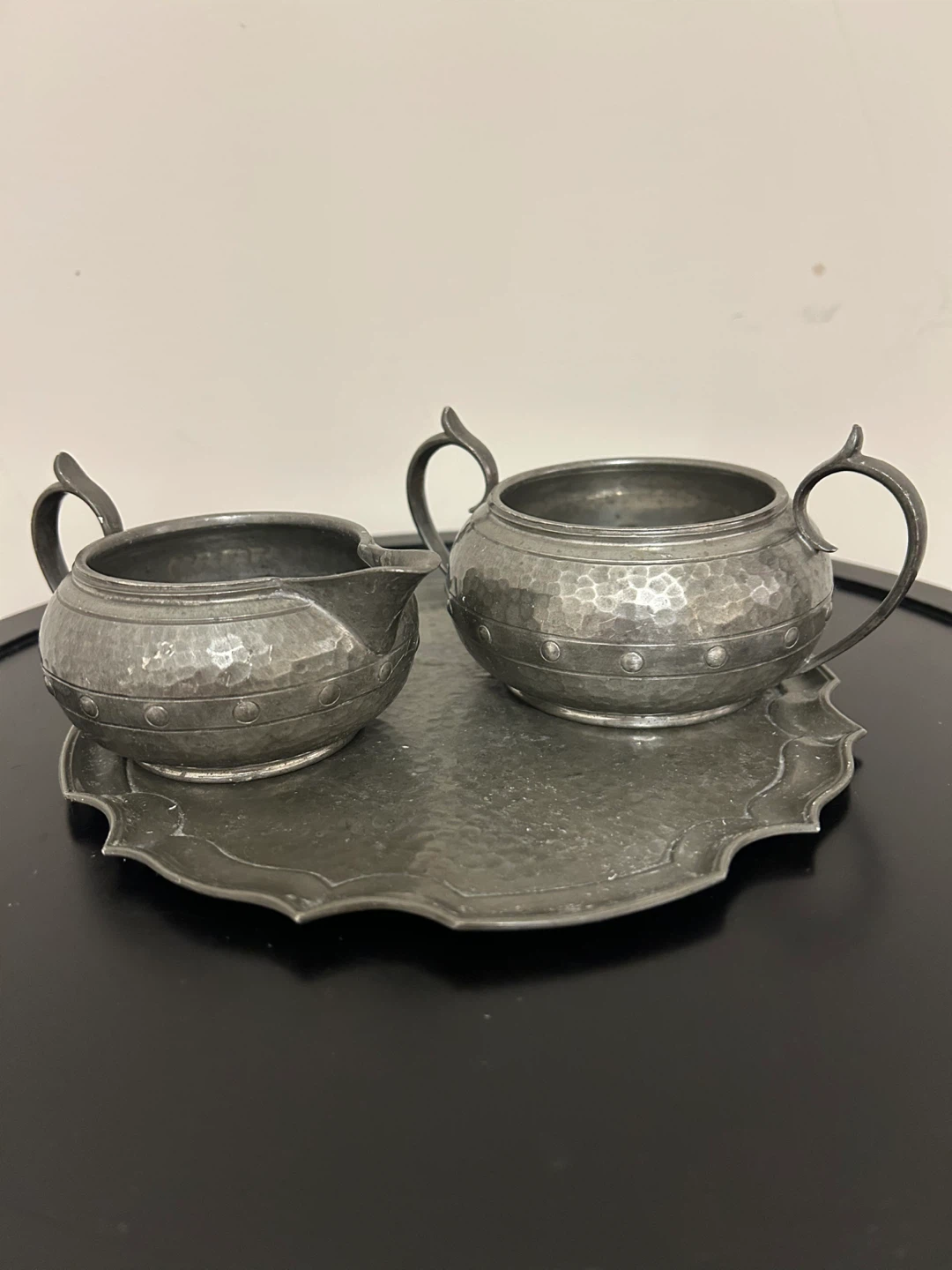 Hammered Pewter Cream & Sugar Set with James Dixon & Sons Tray