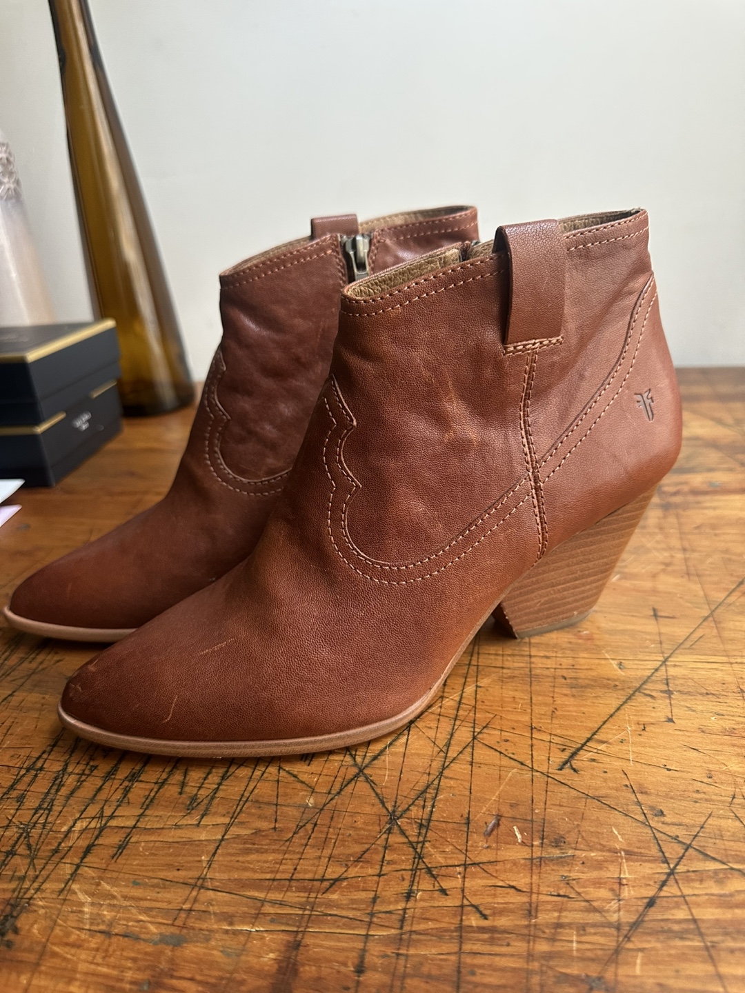 FRYE Reina Cognac Leather Stitch Detail Western Booties Size 10
