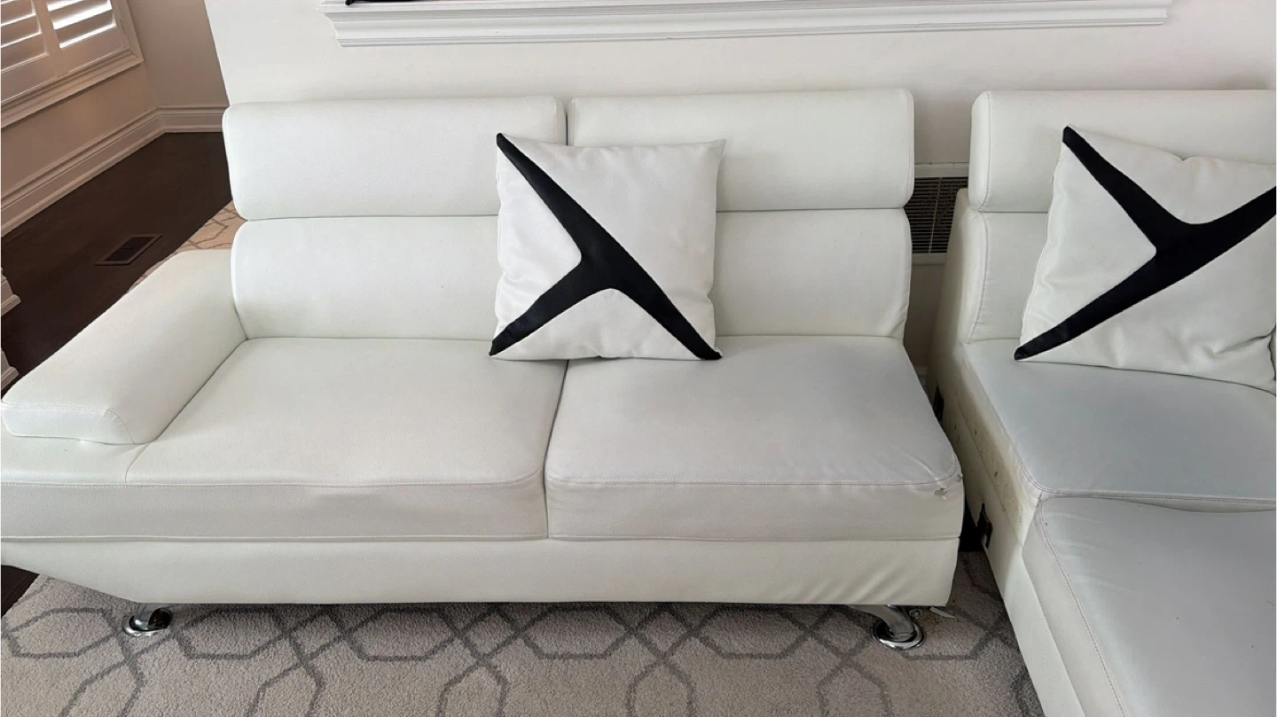 White Faux Leather Sectional Sofa with Throw Pillows - photo 2