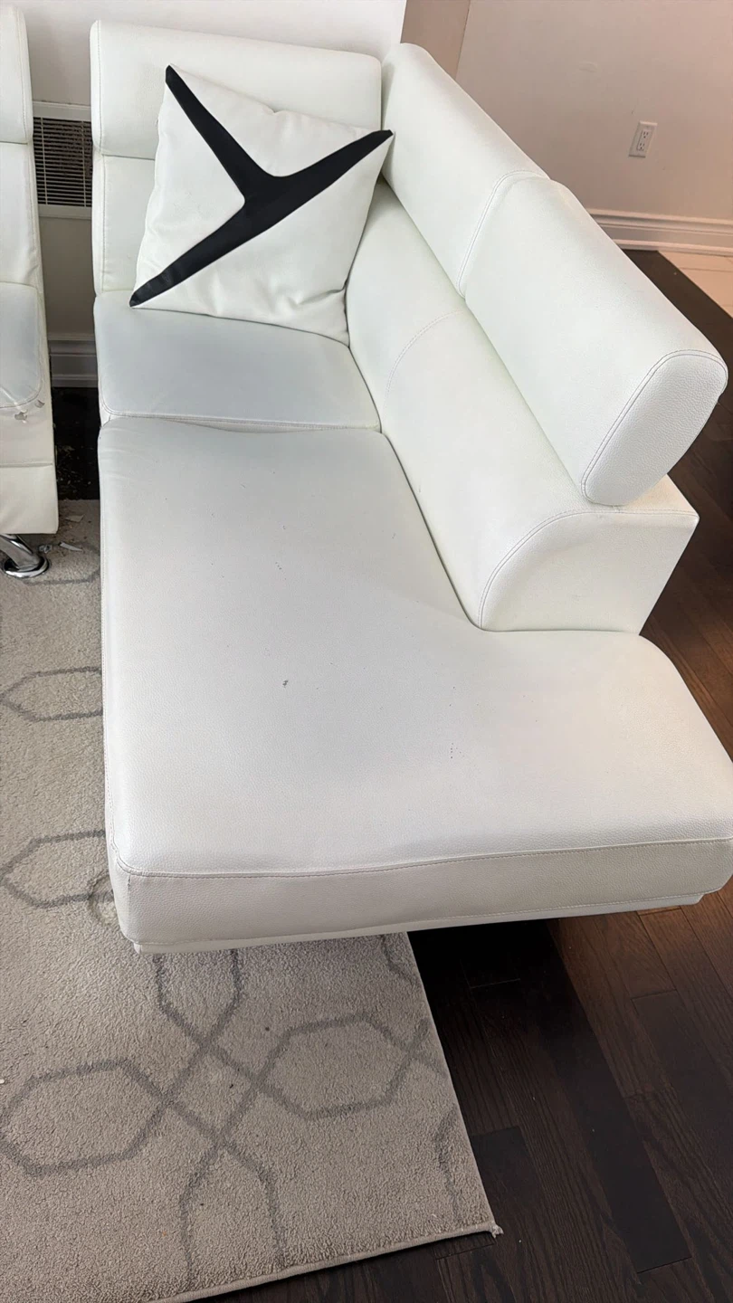 White Faux Leather Sectional Sofa with Throw Pillows