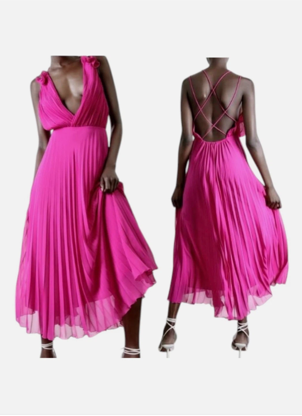 Hot Pink Pleated V-Neck Maxi Dress with Criss-Cross Back - photo 2