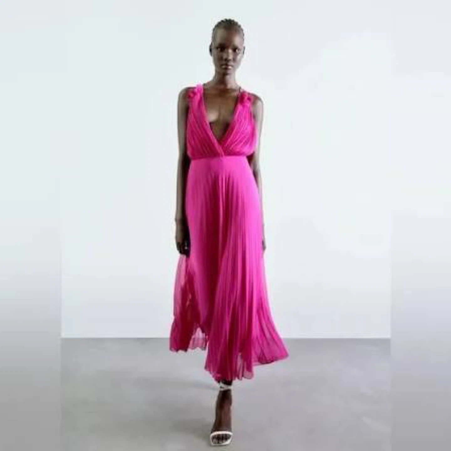 Hot Pink Pleated V-Neck Maxi Dress with Criss-Cross Back