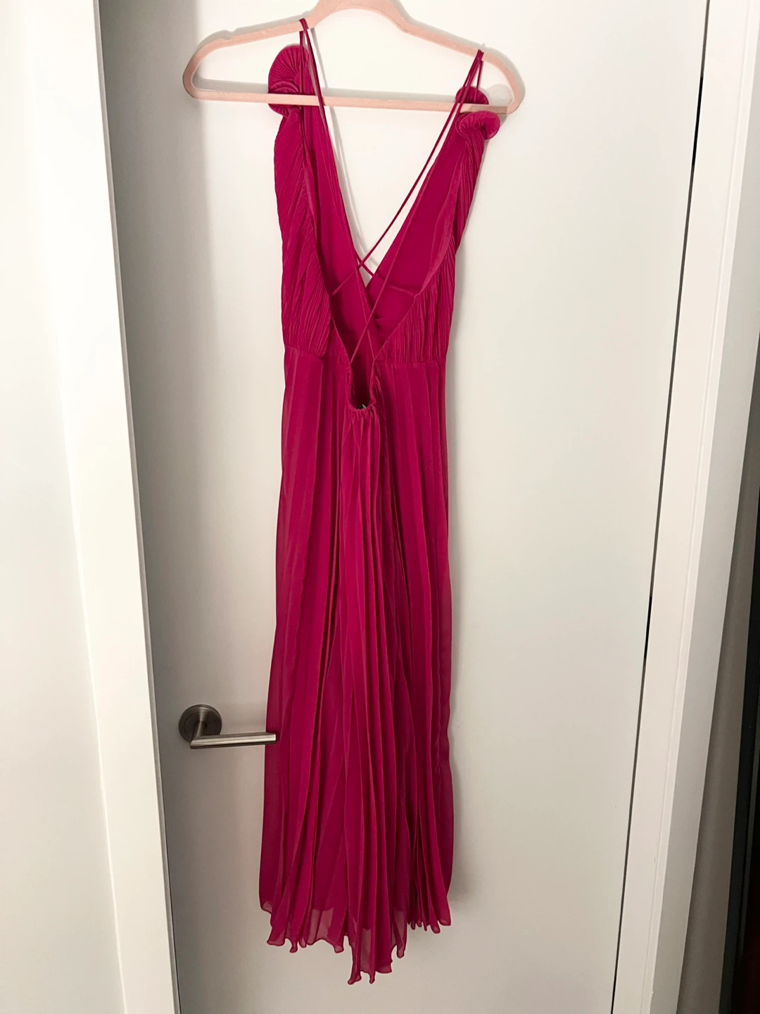 Hot Pink Pleated V-Neck Maxi Dress with Criss-Cross Back - photo 5