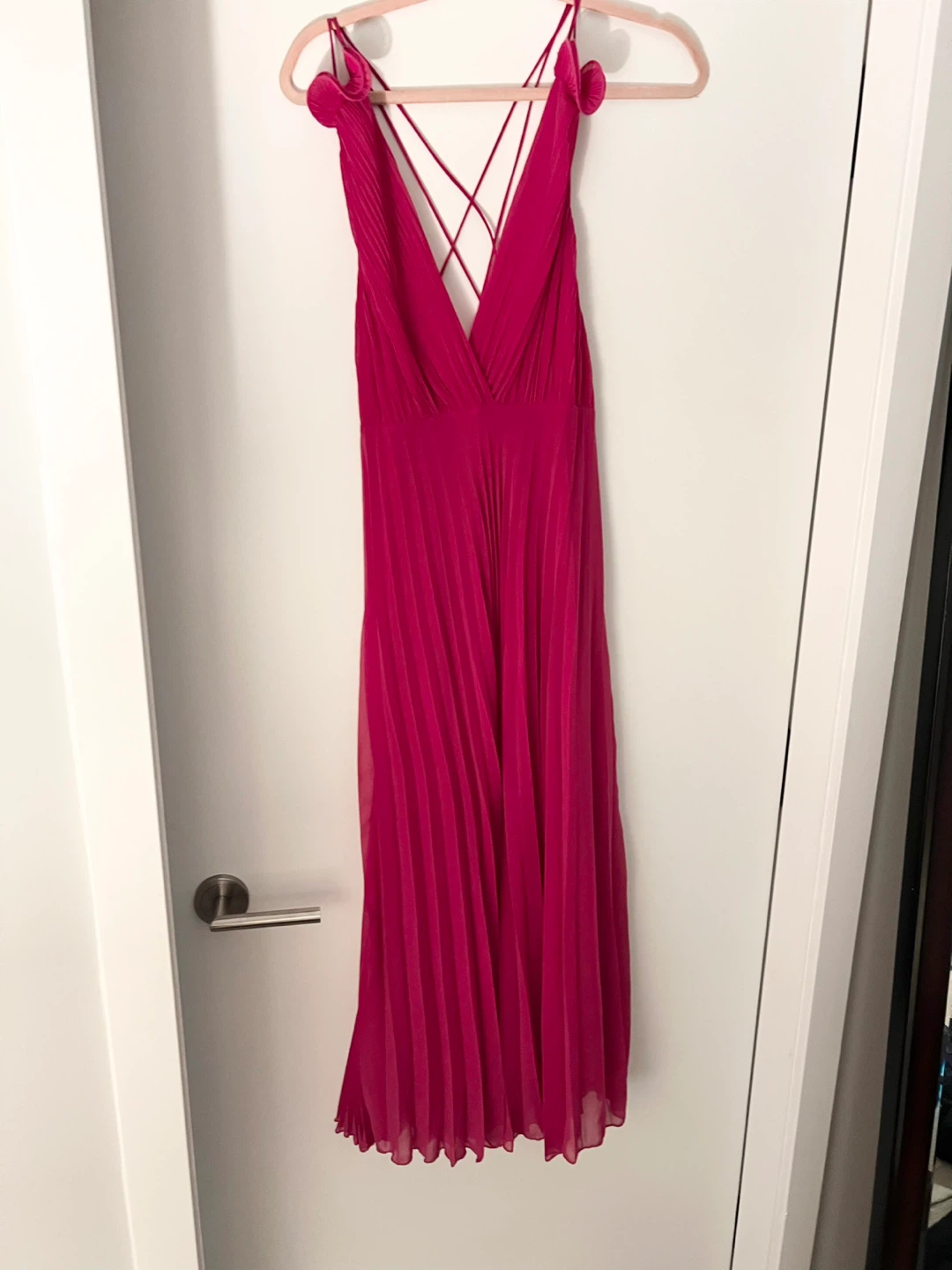 Hot Pink Pleated V-Neck Maxi Dress with Criss-Cross Back - photo 4