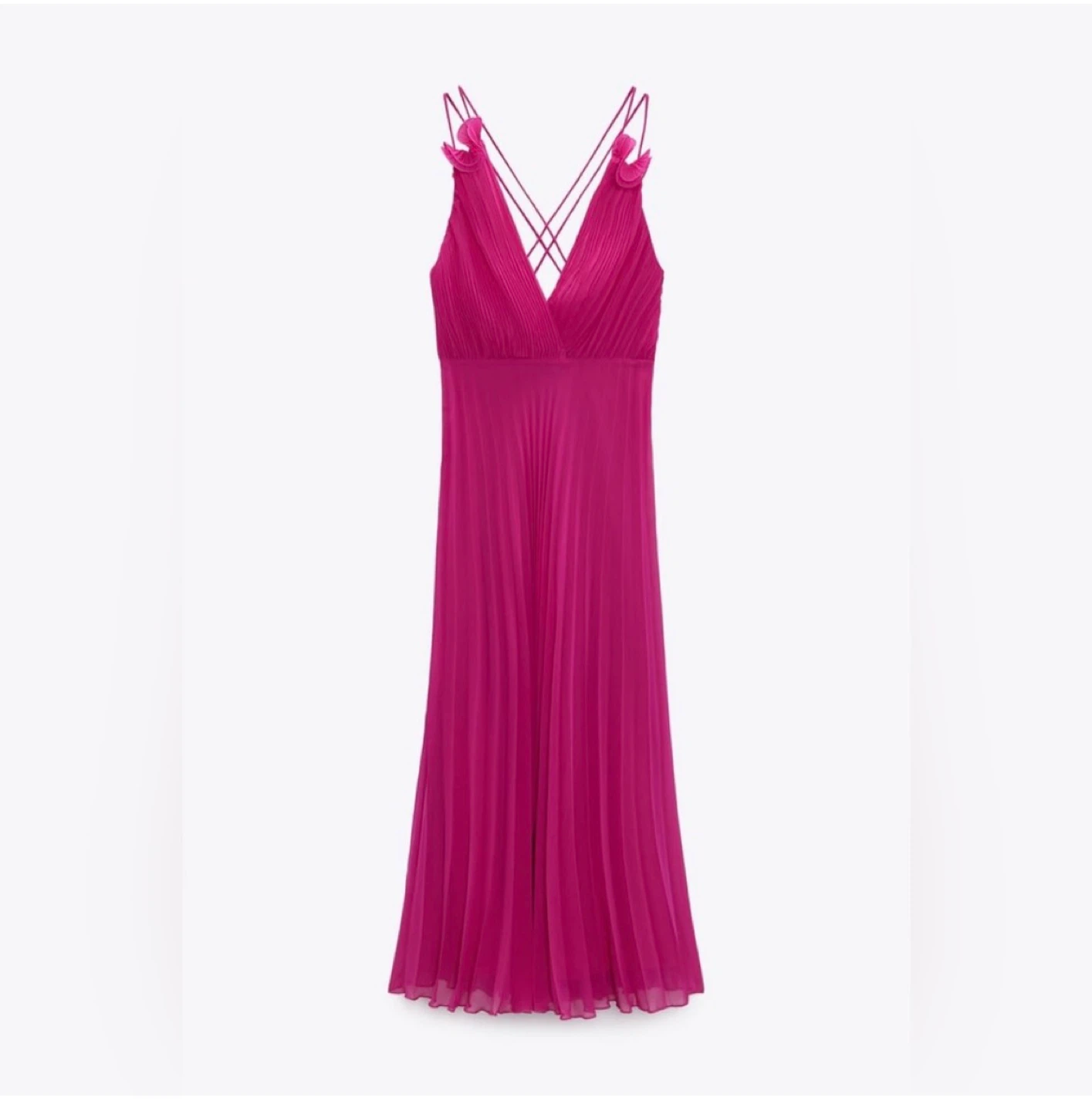 Hot Pink Pleated V-Neck Maxi Dress with Criss-Cross Back - photo 3