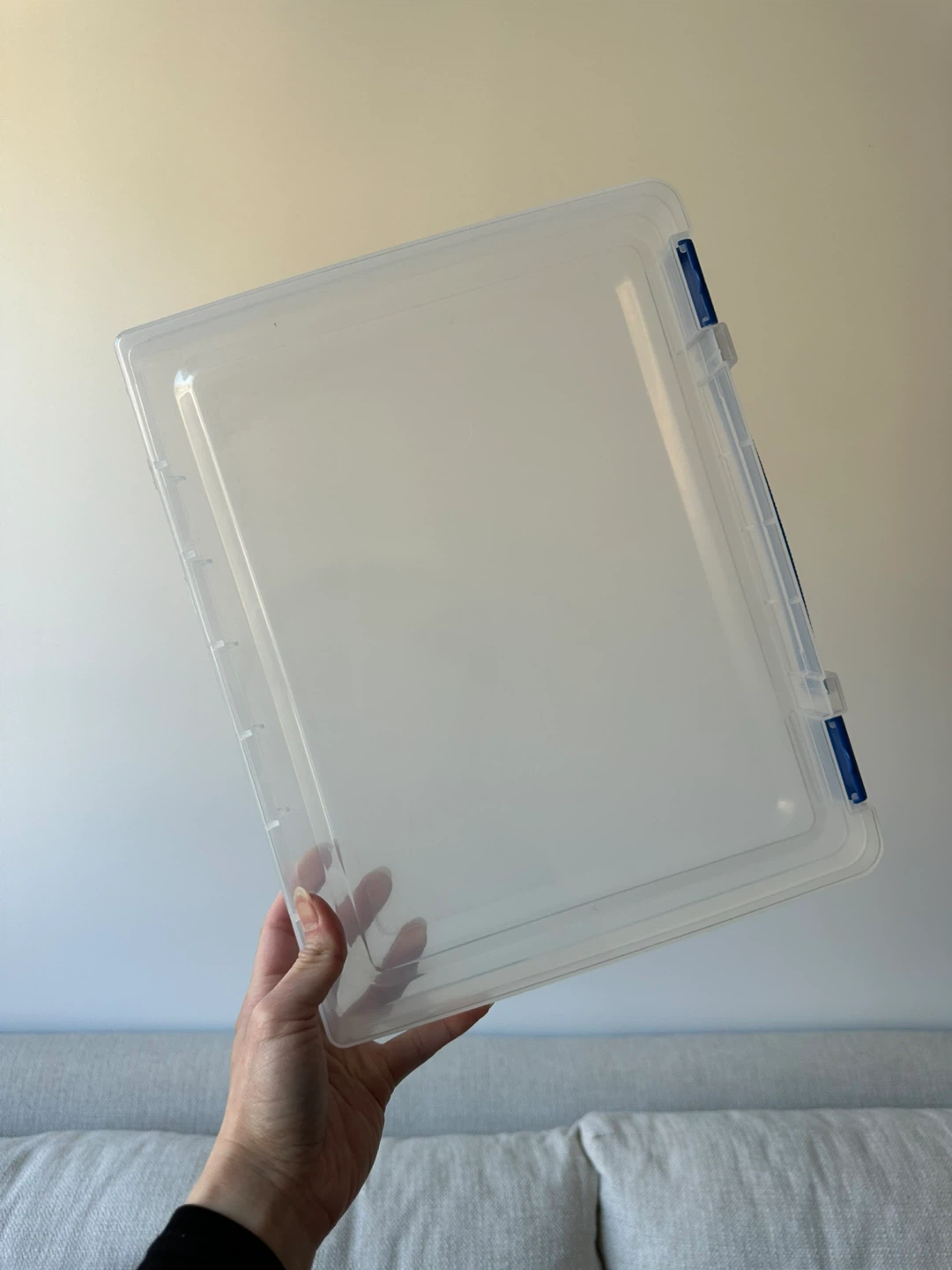 Clear Plastic Storage Box with Blue Clamps