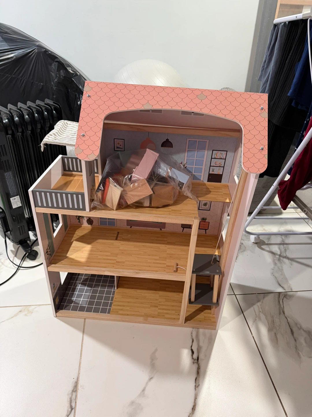 Wooden Dollhouse with Pink Scaled Roof