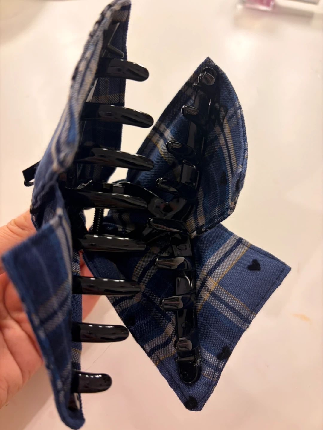 Blue Plaid Claw Clip with Black Hearts - photo 2