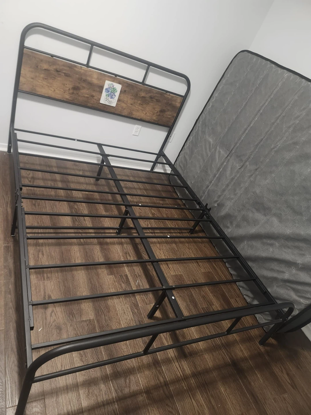 Metal Bed Frame with Wood Accent Headboard