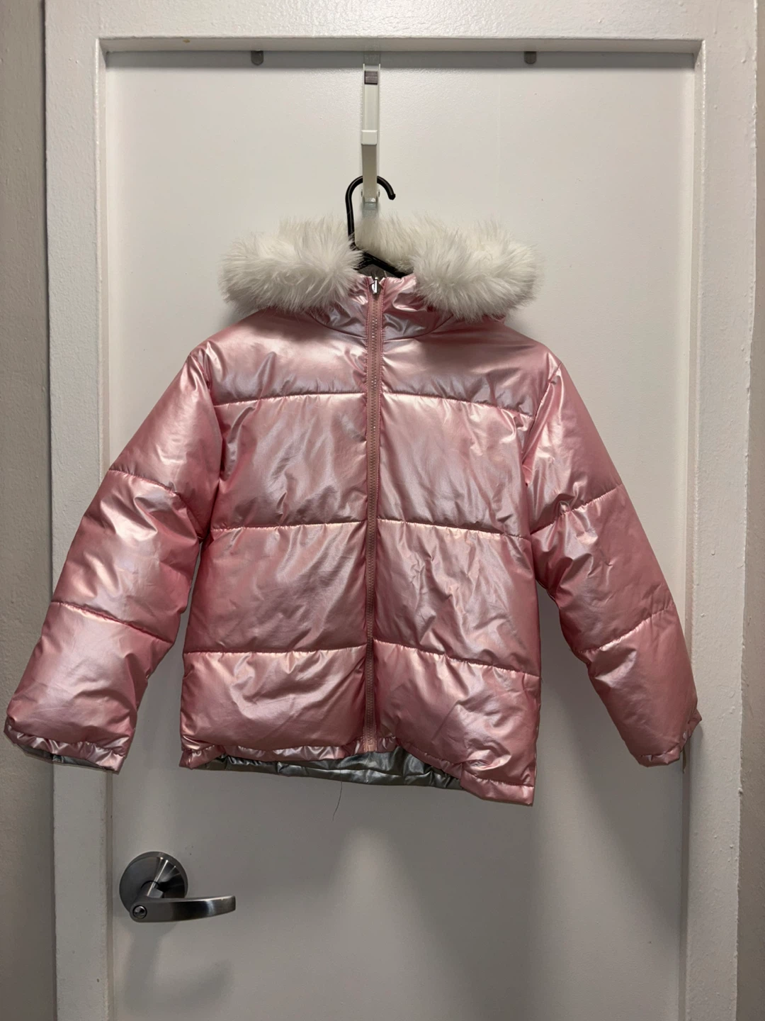 Girls Pink Puffer Jacket with Faux Fur Hood Size 11 Kids