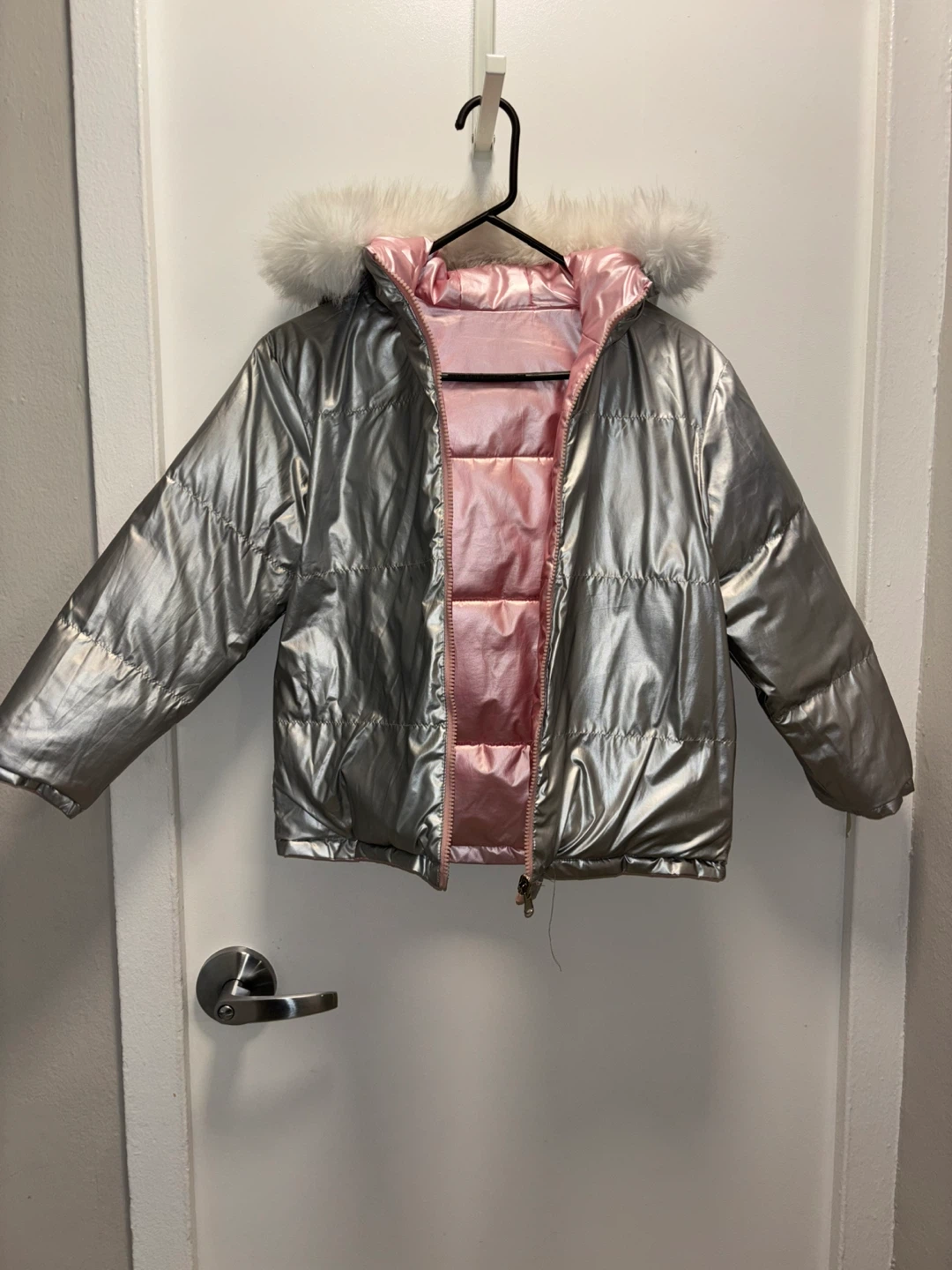 Girls Pink Puffer Jacket with Faux Fur Hood Size 11 Kids - photo 5