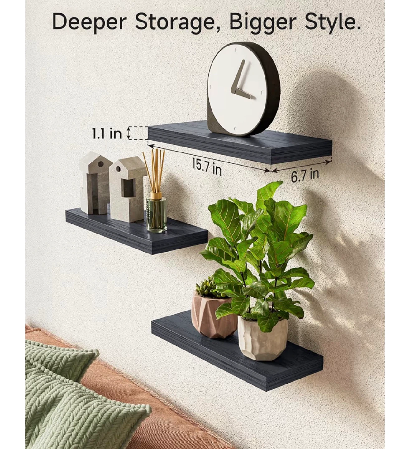 Set of 3 Black Floating Shelves