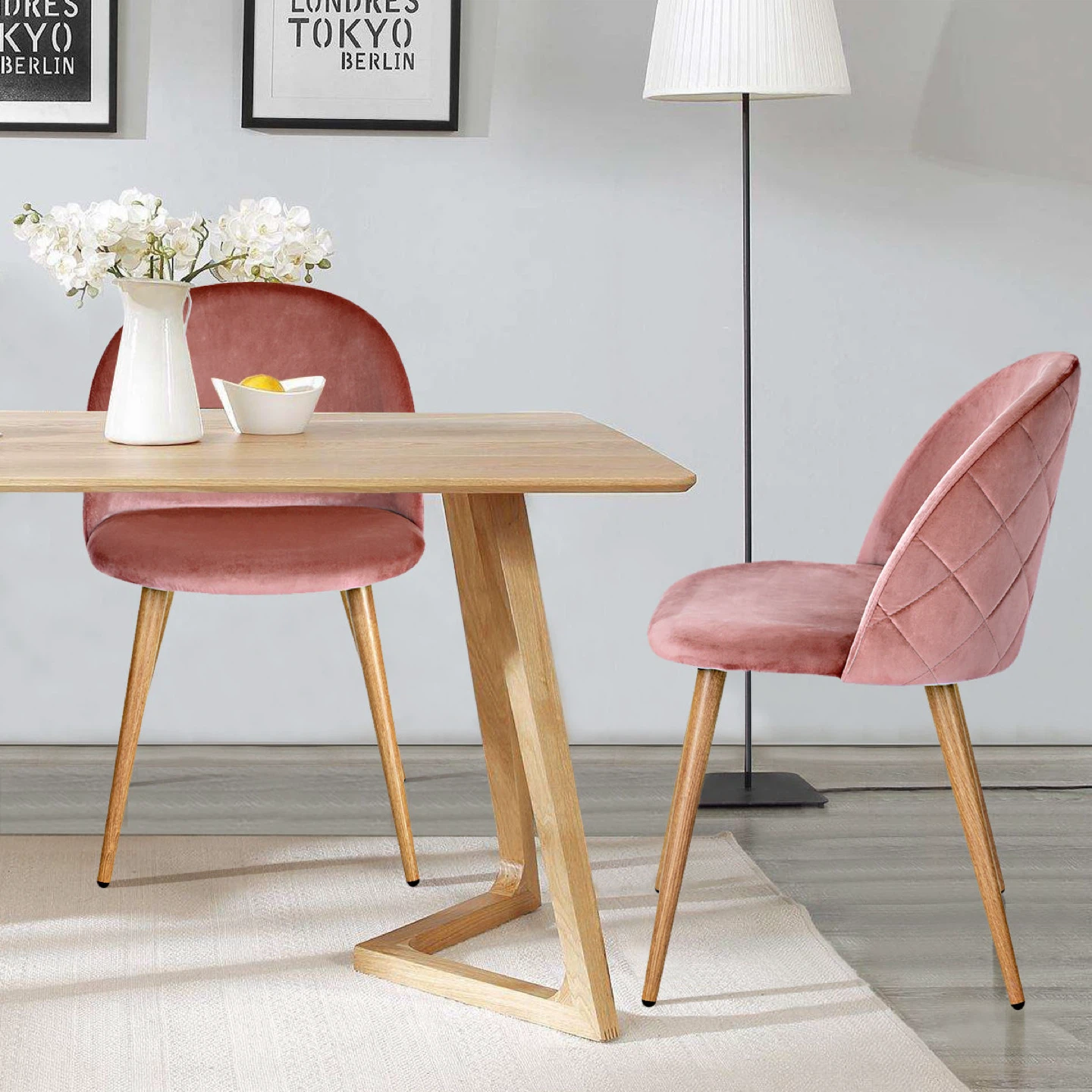 Pink Velvet Accent Chair with Quilted Back (Set of 2)