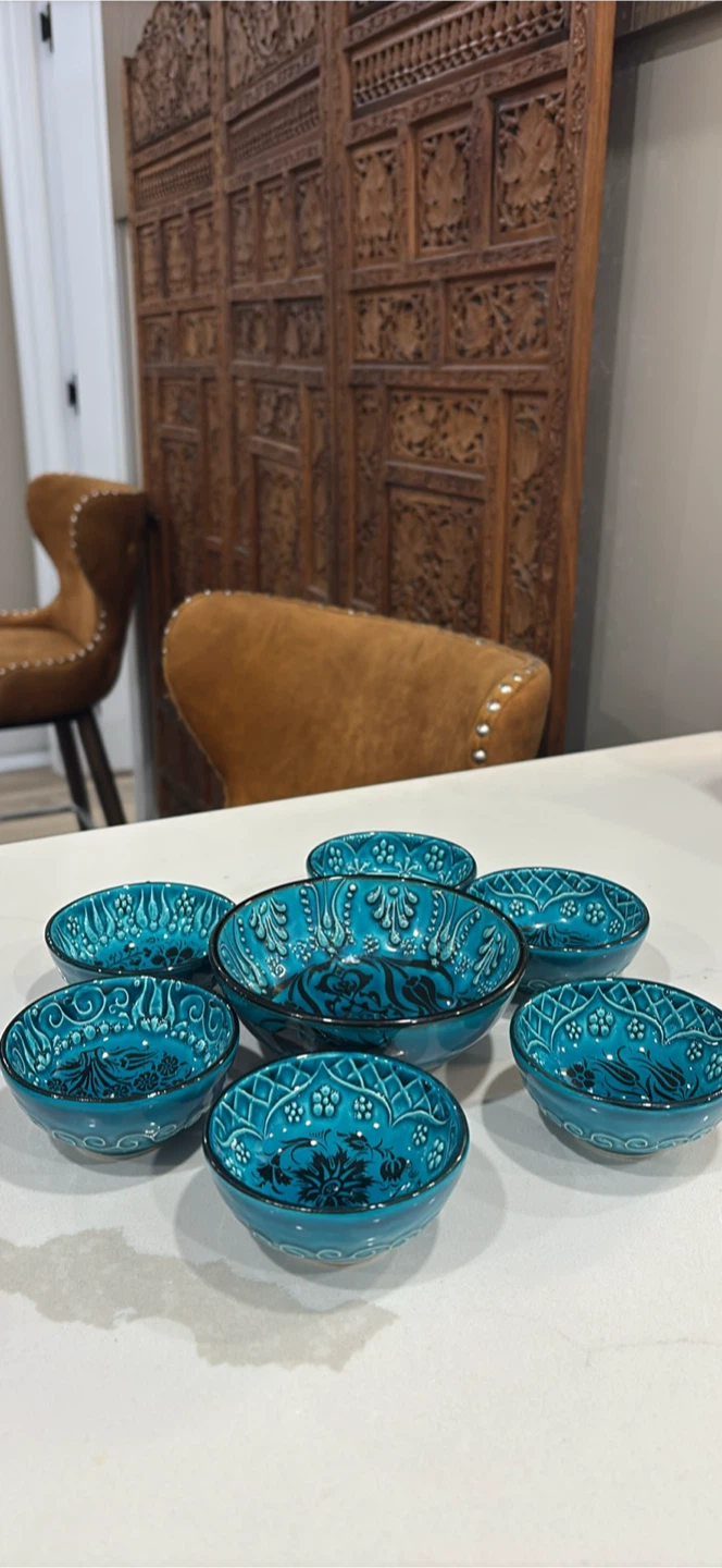 Set of 7 Handmade Turkish Turquoise Bowls and 1 Serving Bowl
