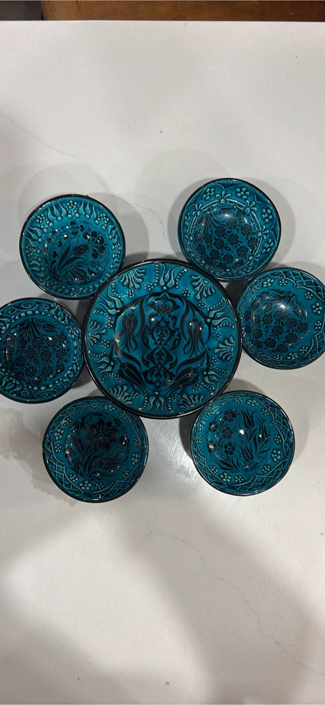 Set of 7 Handmade Turkish Turquoise Bowls and 1 Serving Bowl - photo 2