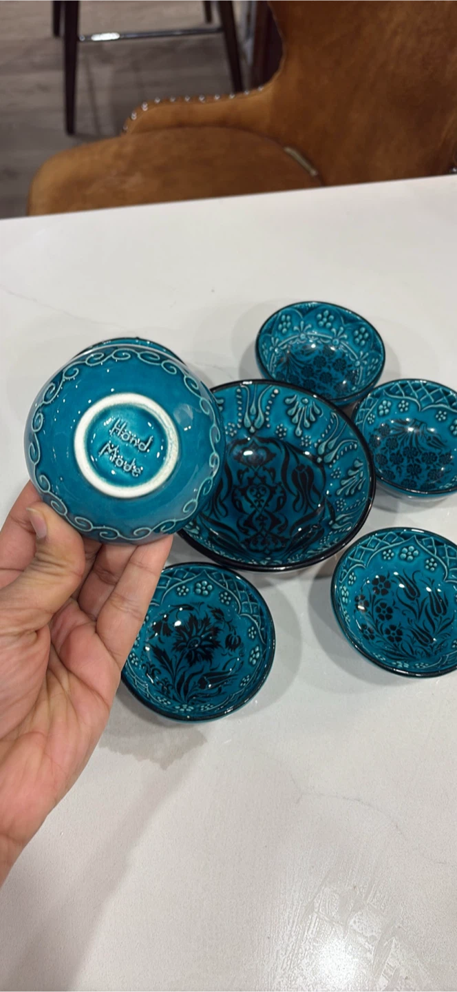 Set of 7 Handmade Turkish Turquoise Bowls and 1 Serving Bowl - photo 3