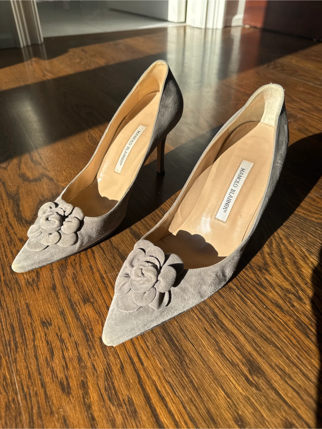 Manolo Blahnik Grey Suede Flower Heels