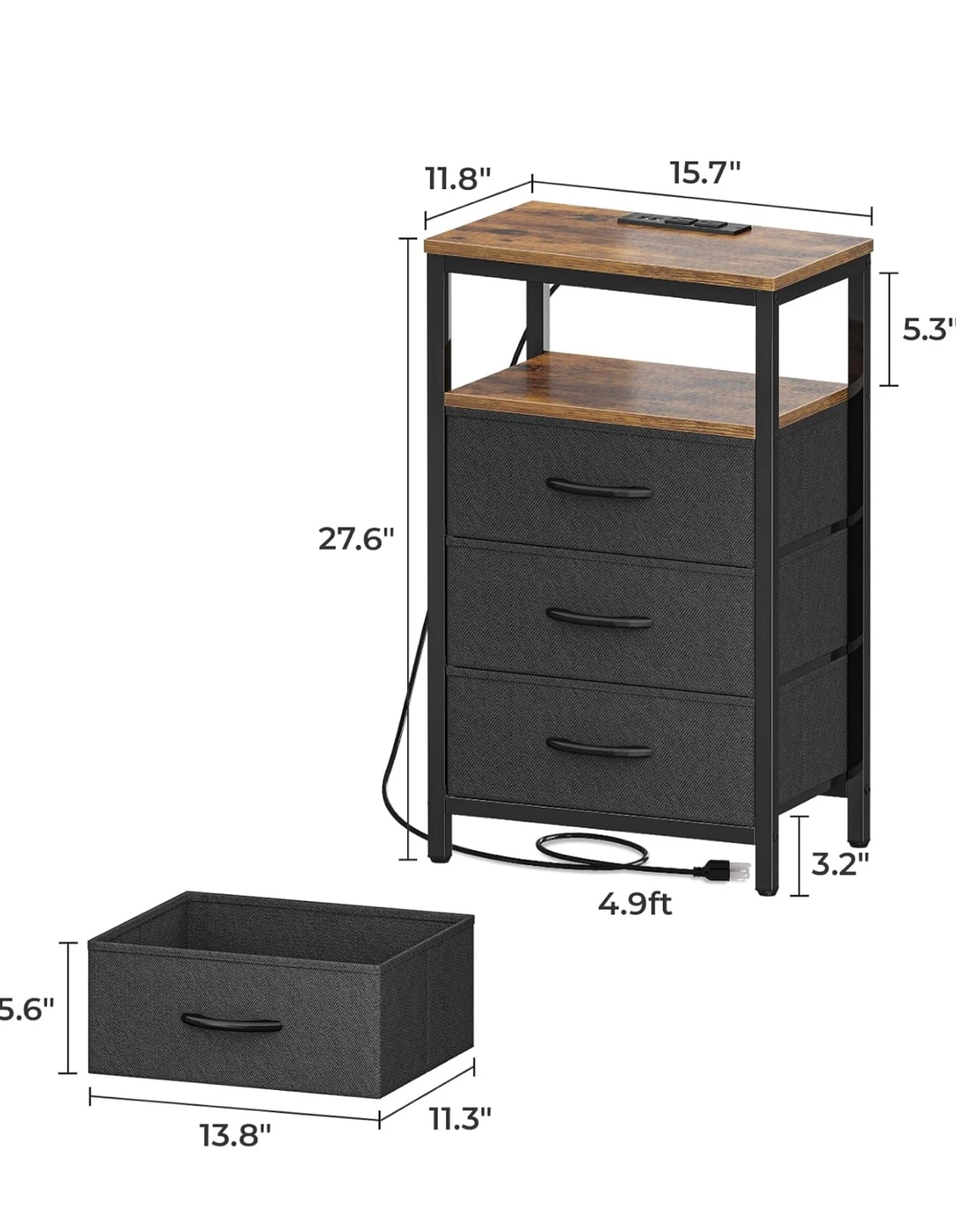 3-Drawer Nightstand with Charging Station