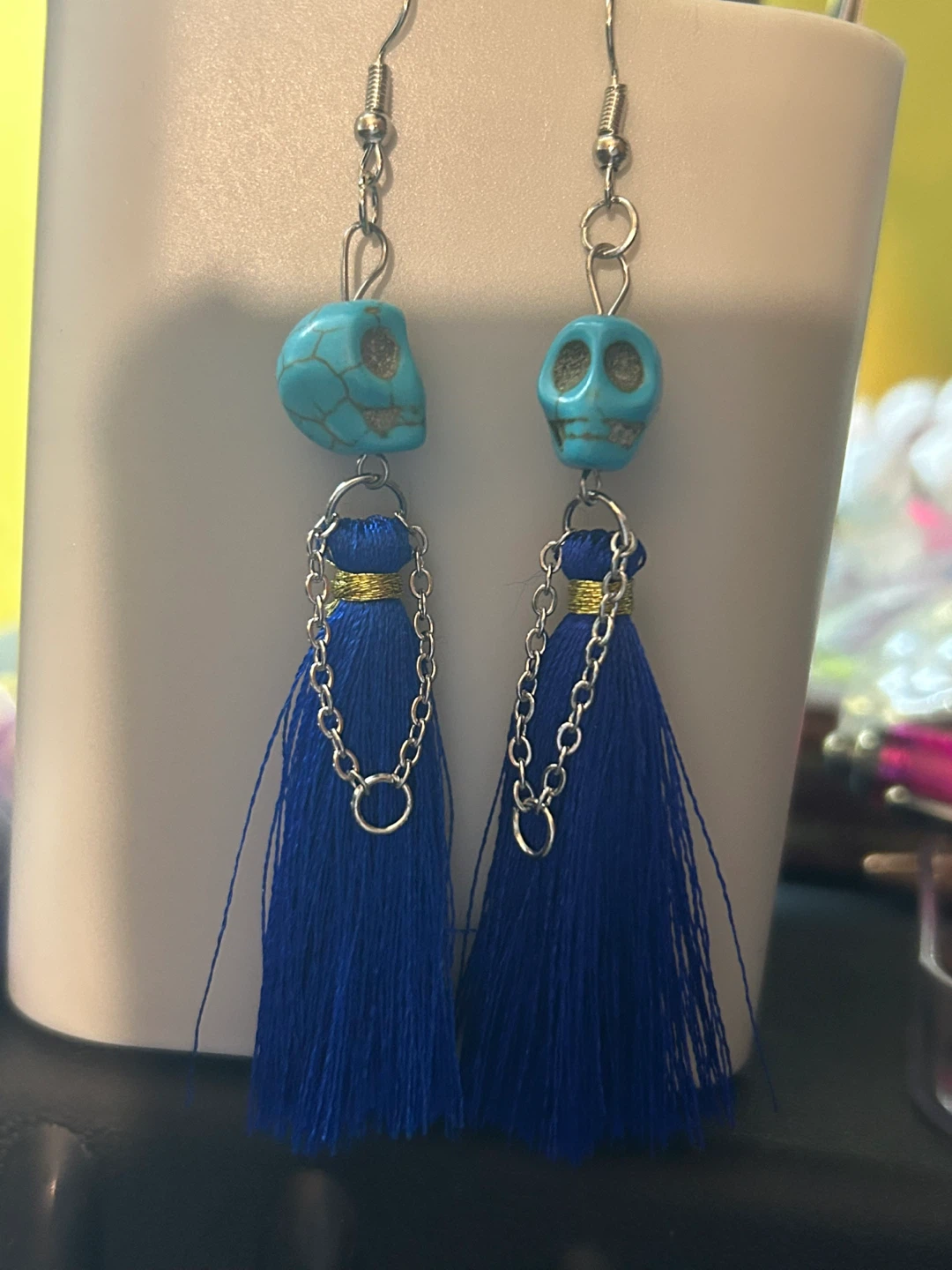 Skull and Tassel Earrings - Blue and Pink