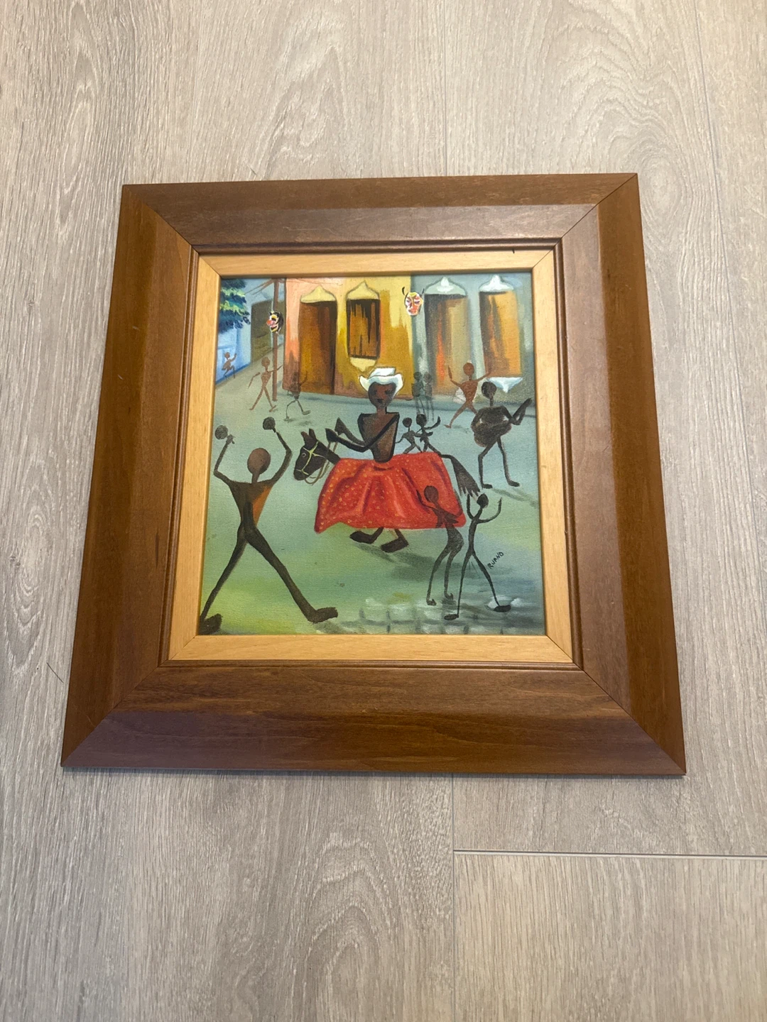 Old Framed Folk Art Painting of People Dancing