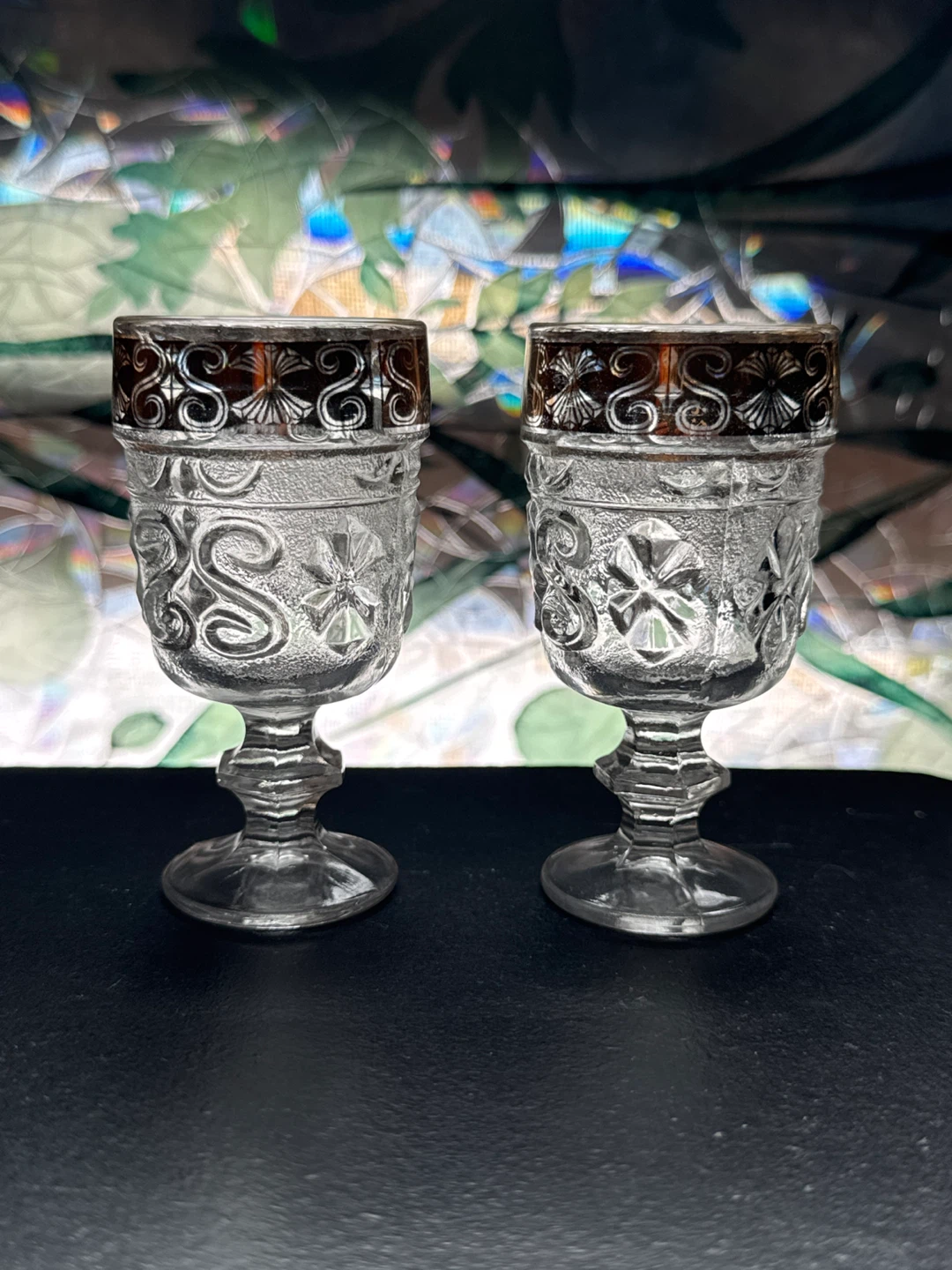 Set of 2 Vintage Etched Glass Shot Glasses