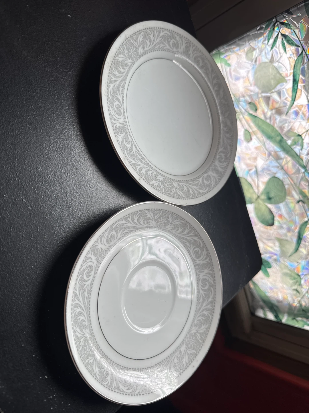 White and Silver Rimmed Plate and Saucer Set