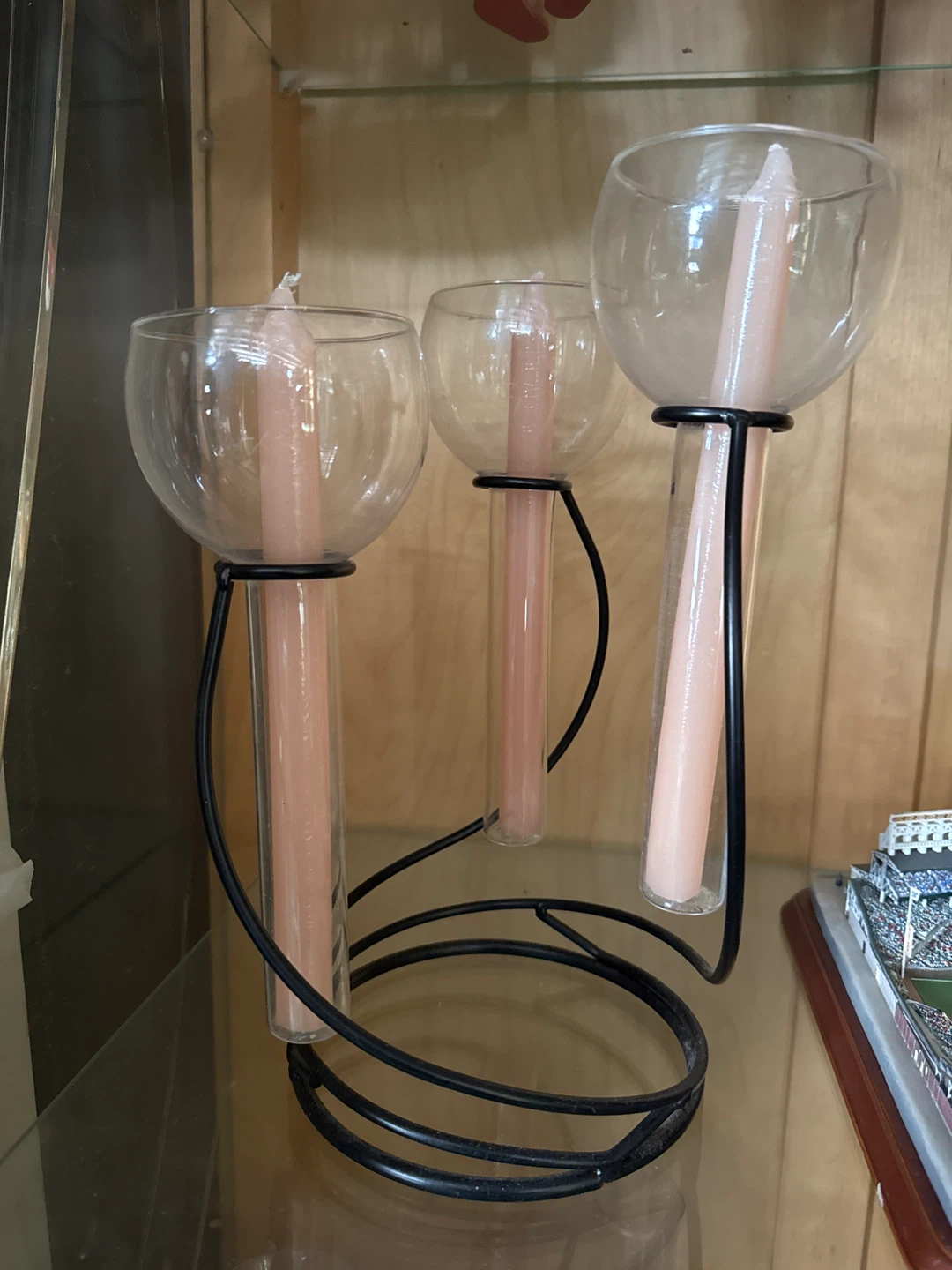 Glass and Metal Candelabra with 3 Pink Candles