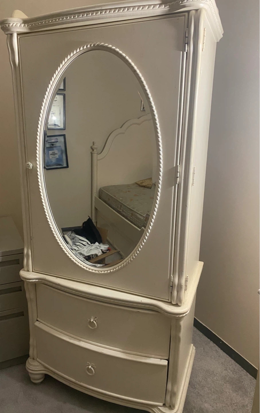 Solid Wood Cream Mirrored Armoire w/ Shelf 29"w x 19"d x 69"h