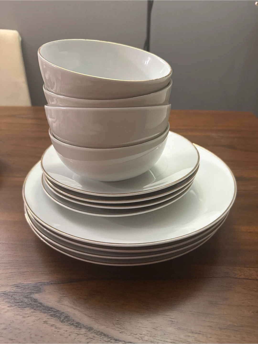 White and Gold Trim Dinner Plates and Bowls Set