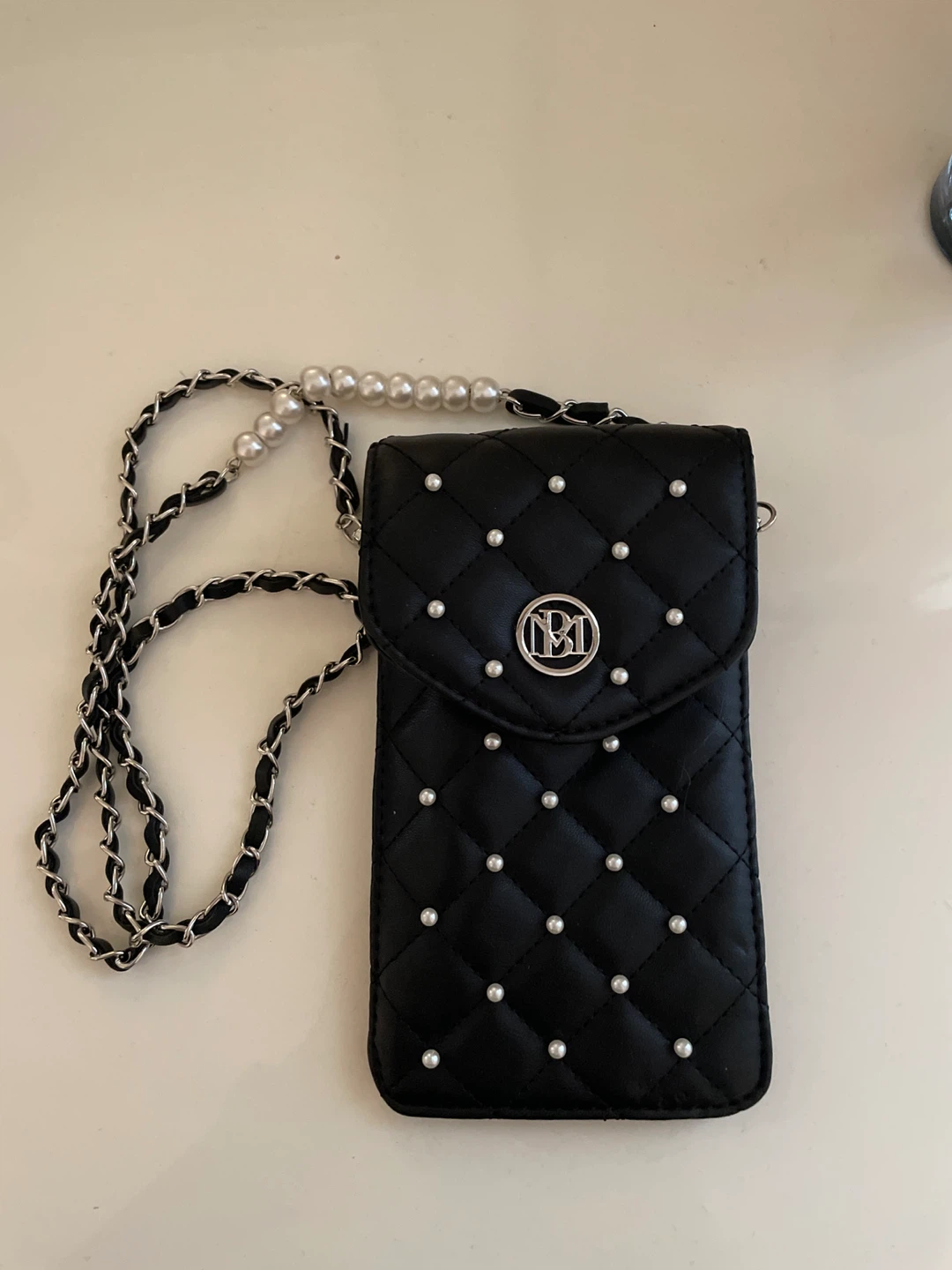 Bagley Misha’s Black Quilted Phone Bag with Pearl & Chain Strap
