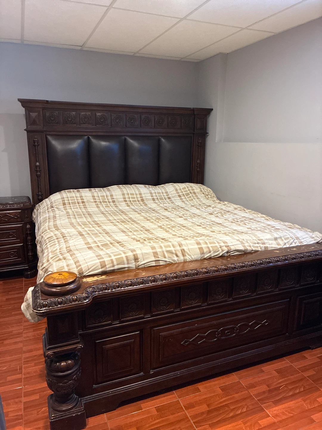 Dark Wood Bedroom Set - King Bed, Dresser, Nightstand