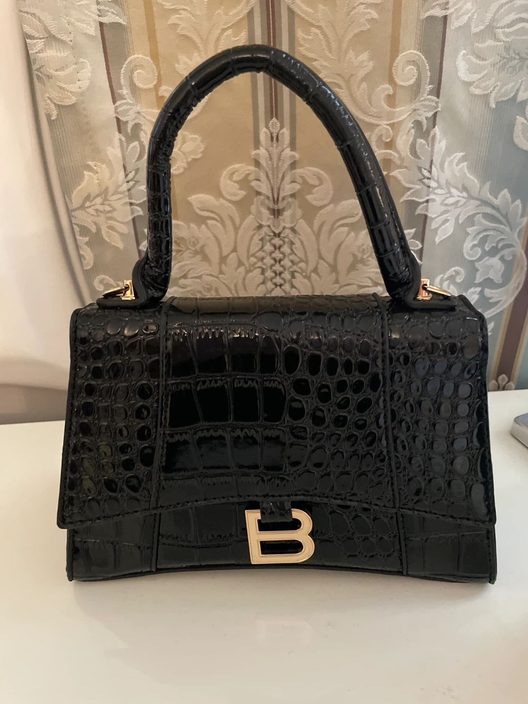 Black Crocodile Embossed Handbag with Gold 'B' Logo