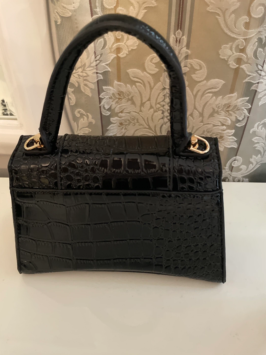 Black Crocodile Embossed Handbag with Gold 'B' Logo - photo 2