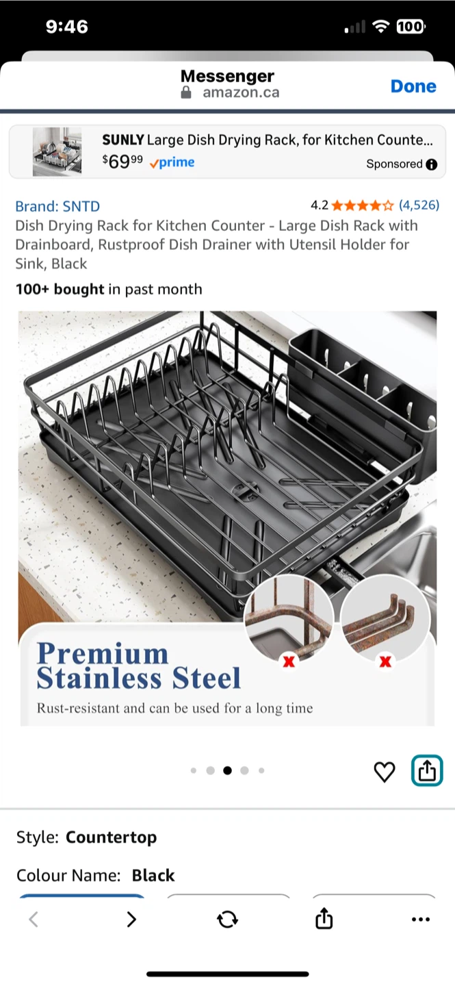 SNTD Large Dish Drying Rack with Utensil Holder - Black - photo 3