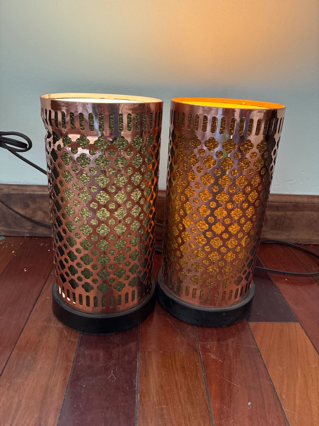 Pair of Copper Finish Metal Cylinder Lamps