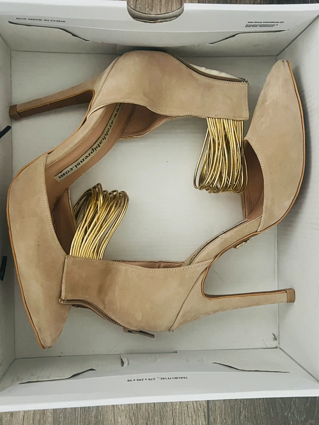 Elegant Nude Suede Pointed Heels - Gold Ankle Detail - Size 37