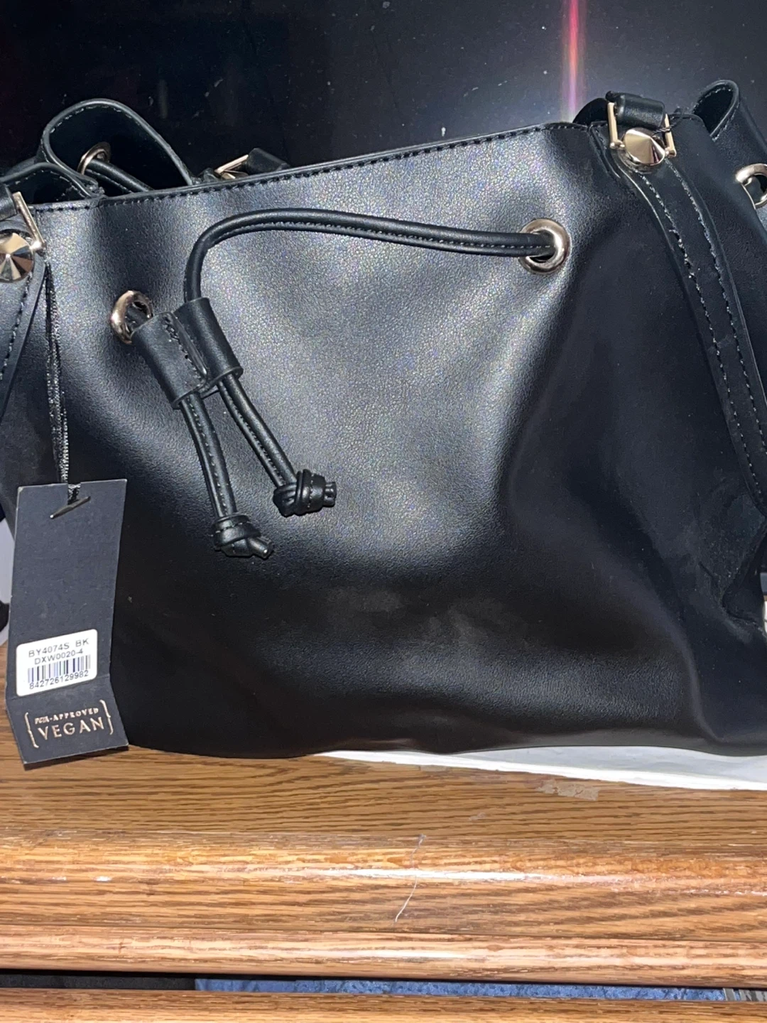 New Black Vegan Leather Drawstring Bucket Bag